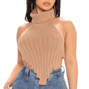 Sweater Crop Turtleneck Halter Top in Taupe